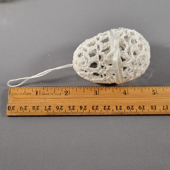 Set of 2 Eggs White Handmade Crochet Hanging Lace Ornaments with Ribbon Bows - Picture 10 of 10